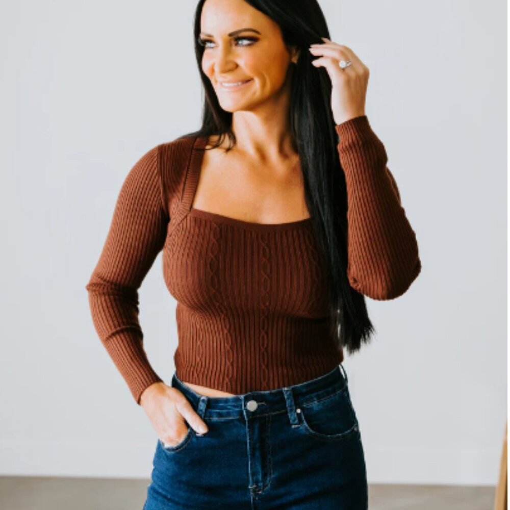 Form fitting cable knit sweater in Chestnut